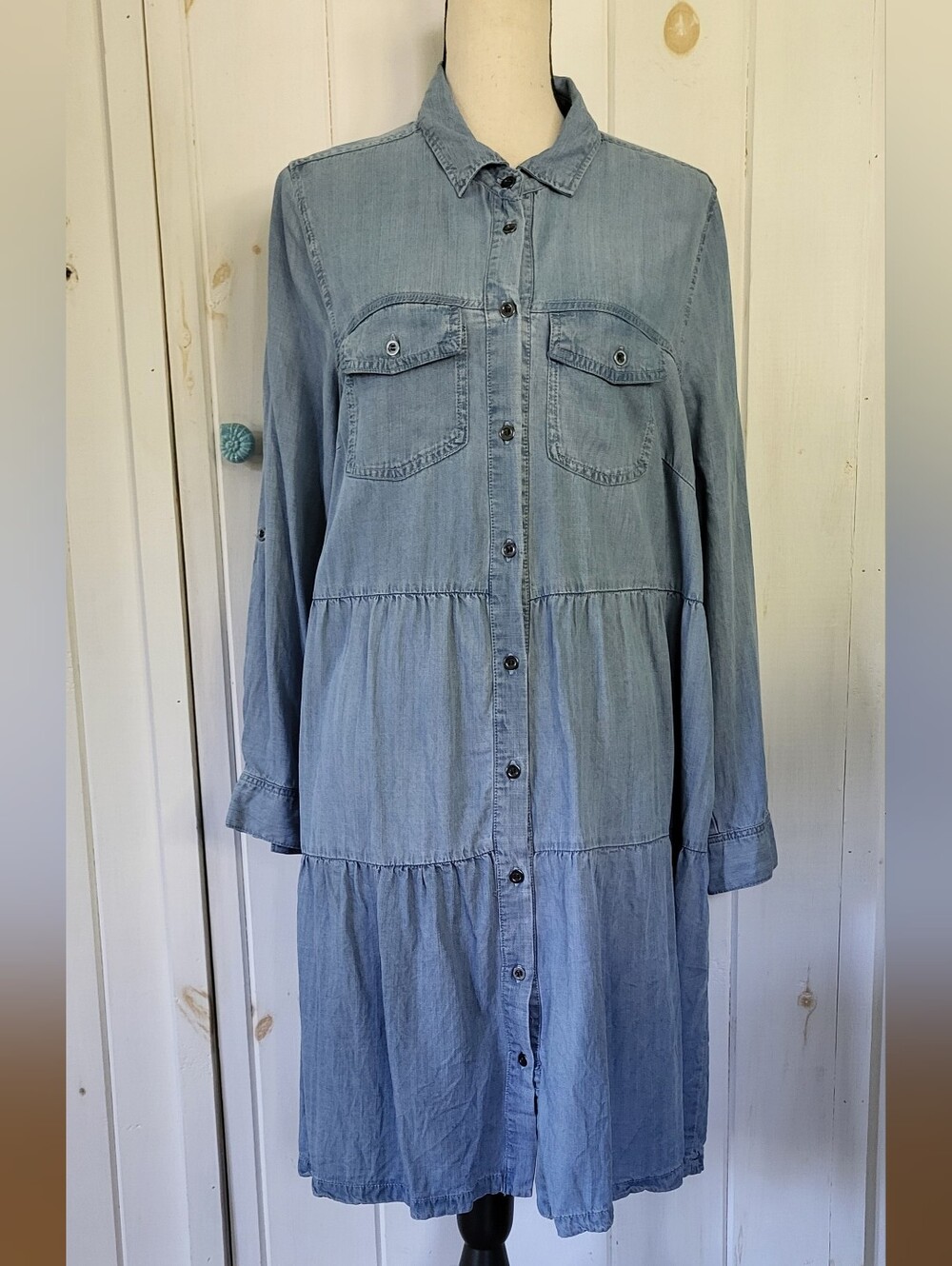 Chambray Tencel Button Down Tiered Swing Longsleeve Dress